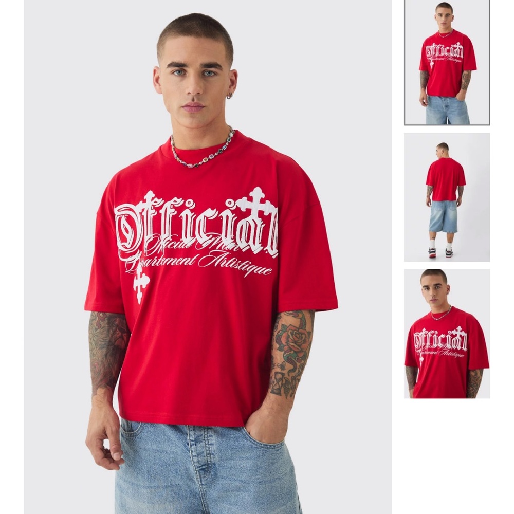 BoohooMAN Oversized Boxy Cross Appliqué Distressed T-Shirt‎